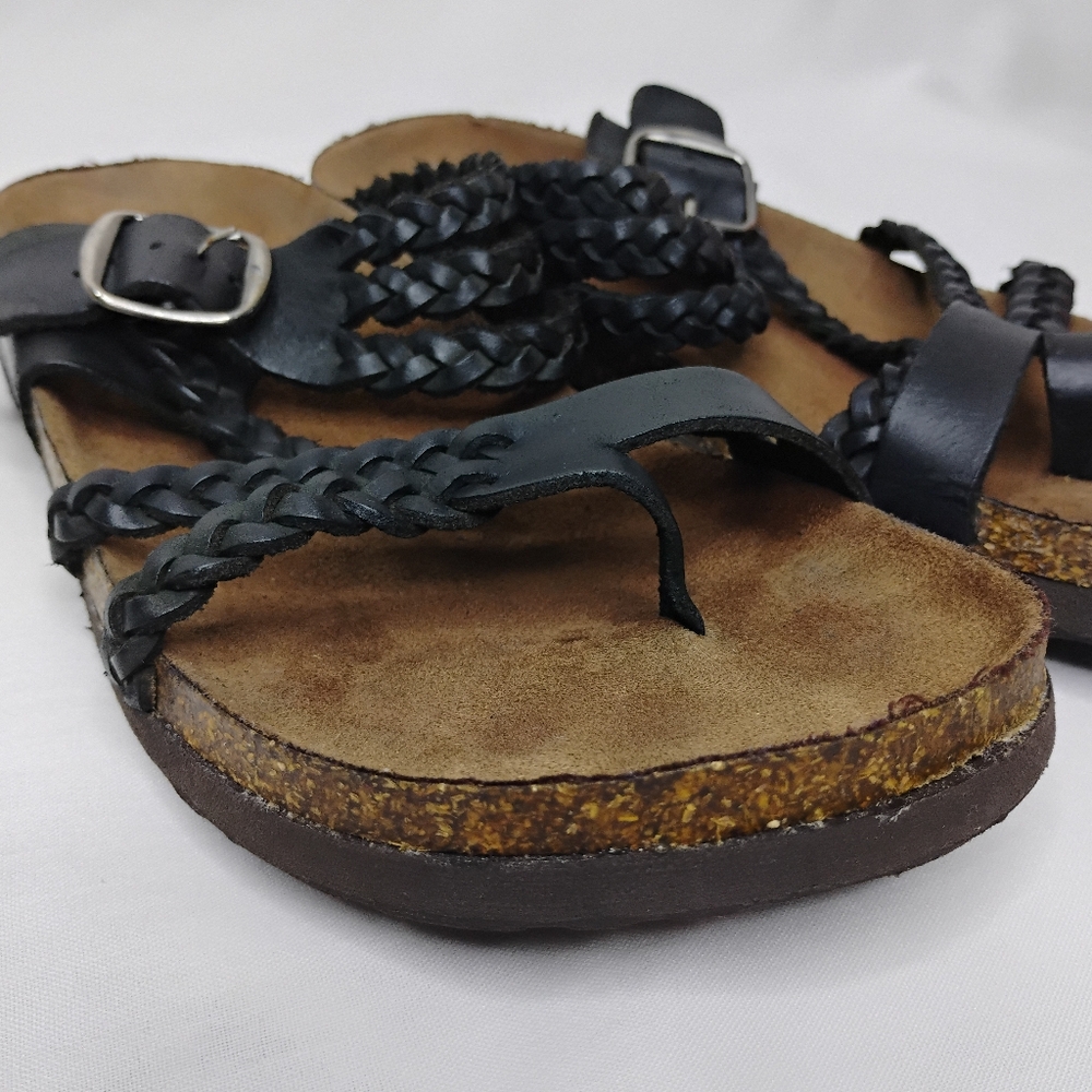 Women's 7.5 White Mountain Hayleigh Strappy Black Braided Leather Buckle Sandals - Picture 4 of 15